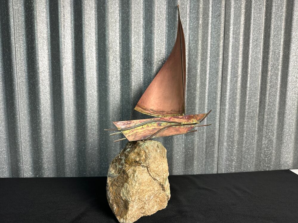 Mid-Century Copper Sailboat Sculpture on Natural Rock Base
